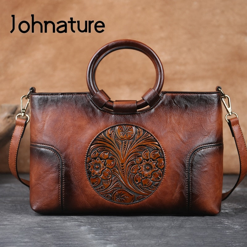 Johnature High Quality Leather Women Bag 2022 New Retro Handmade Embossed Shoulder Bags Large Capacity Female Messenger Bag