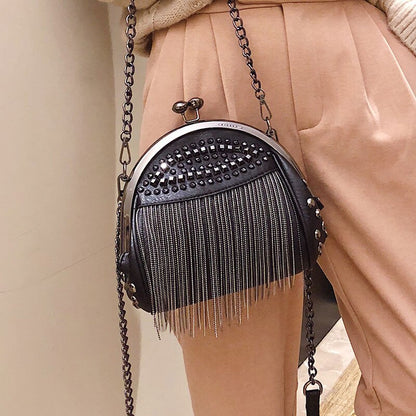 Fringe Designer Insert Rivet Vintage Fashion PU Leather Chain Women Shoulder Crossbody Bag Shell Bags Women's Handbags Purses