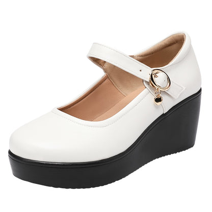 GKTINOO 2022 Spring Leather Shoes Women Platform Wedges Shoe High Heels Round Toe Soft Sole White Women Pumps Large Size 33-43