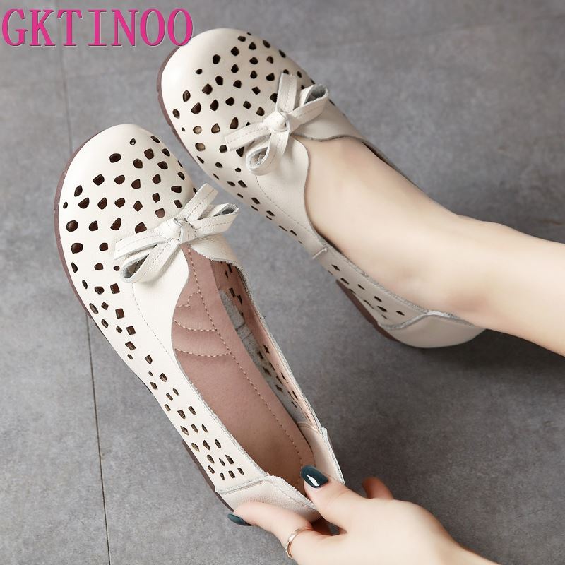 GKTINOO 2022 Women Flat Shoes Genuine Leather Woman Ballet Round Toe Flats Summer Lady Hollow Out Loafers Women Shoes Sandals