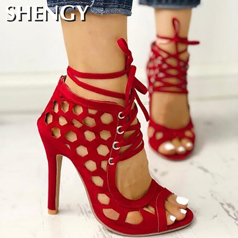 Women&#39;s Sandals Fine High-heeled Fashion 2020 Casual Fighter High Heels Women&#39;s Shoes Summer Cross Strap Sandals