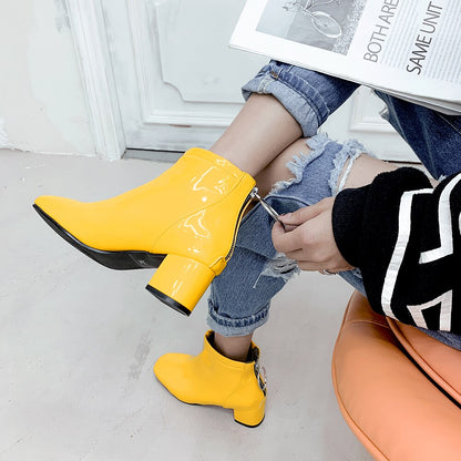 autumn Women ankle Boots fashion simple slip-on Bright leather platform Booties feminina yellow purple Thick with shoes woman 38