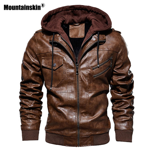 Mountainskin 2021 New Men&#39;s Hooded Leather Jackets Autumn Casual Motorcycle PU Jacket Biker Leather Coats Brand Clothing SA744