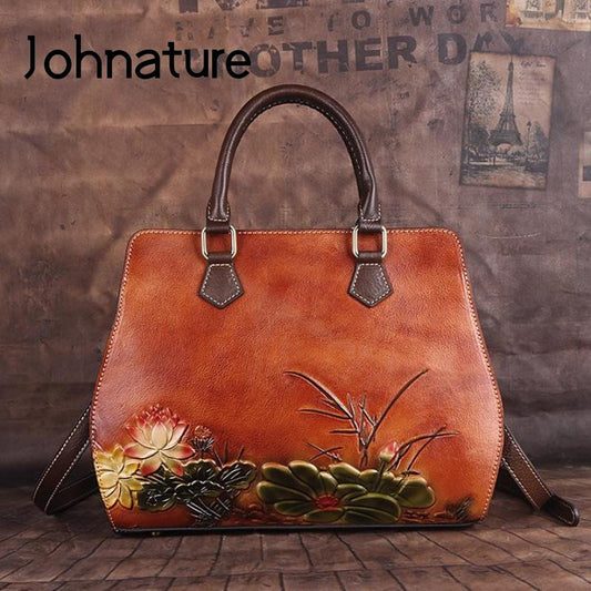 Johnature Handmade First Layer Cow Leather Women Bag 2022 New Vintage Embossing Shoulder Bags Large Capacity Leisure Handbag