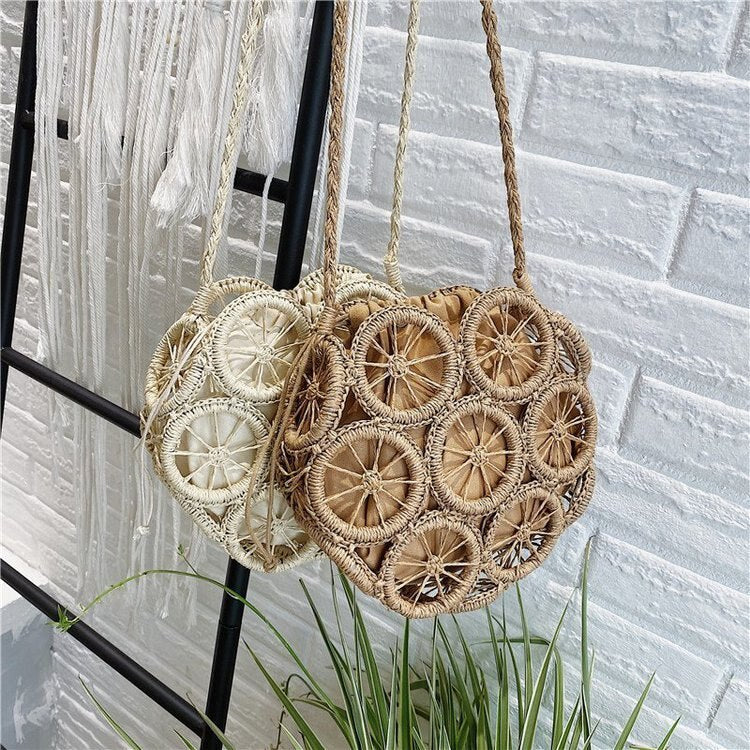 fashion rattan hollow round straw bags wicker woven women handbags summer beach shoulder crossbody bags casual lady bali purses
