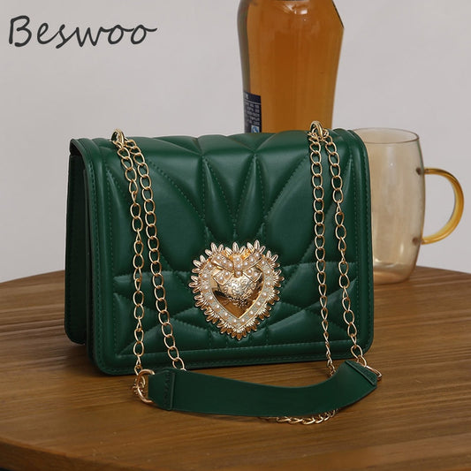 Western-style Women&#39;s Bag Quality Leather Shoulder Bags for Women Brand Messenge Retro Thread Heart Female Bag Chain Square Bags