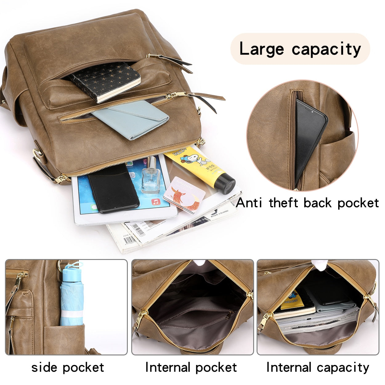 Retro Large capacity Backpack Women PU Leather Rucksack Women&#39;s Knapsack Travel Backpacks Shoulder School Bags Mochila Back Pack
