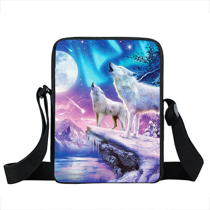 Cool Moon and Howling Wolf Print Small Shoulder Bag Women Handbag Mens Crossbody Bags Adult Book Bag Student Messenger Bags