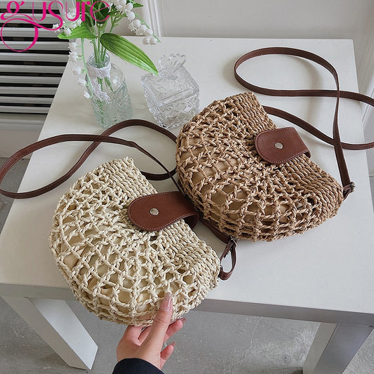 Gusure Woven Rattan Bag Round Straw Shoulder Bag Small Beach HandBags Women Summer Hollow Handmade Messenger Crossbody Bags