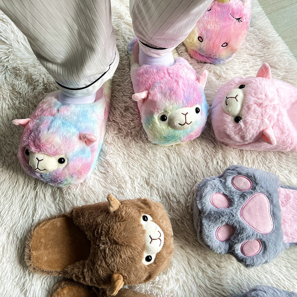 Cute Cartoon Alpaca House Women Fur Slippers Winter Warm Plush Parent-Child Floor Slides Indoor Bedroom Girls Fluffy Slippes
