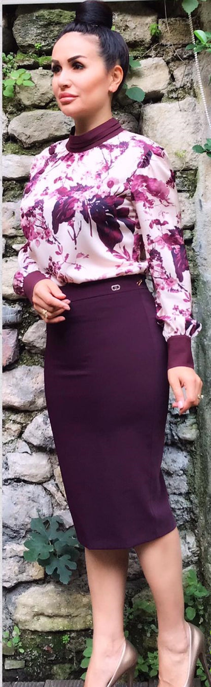 Women's elegant red wine Floral Print long sleeve skirt and blouse