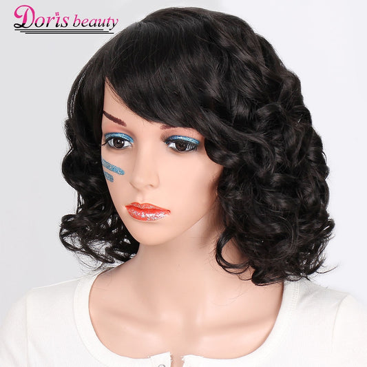 Doris beauty Black Synthetic Short Wigs for Women with Bangs Wavy Short Wig Heat Resistant