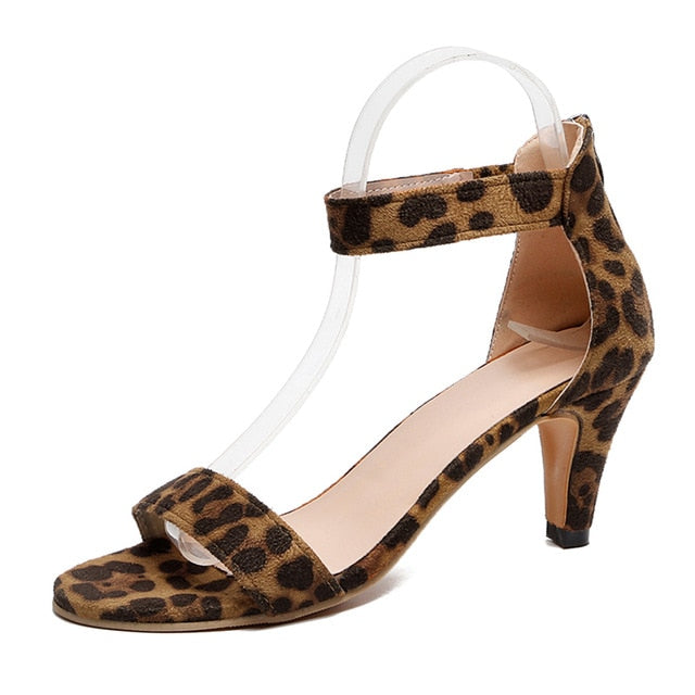 Women Solid Color Open Toe Sandals Summer Ladies 5CM Thin High Heels Sandals Female Plus Size Shoes 2019 New Leopard Print Shoes