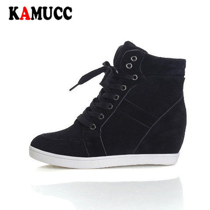Spring Women Boots Faux Suede Leather Wedge Platform Boots Hidden Heel Shoes High Top Sneaker Casual Shoes for Woman Ankle Boot