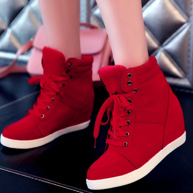 Spring Women Boots Faux Suede Leather Wedge Platform Boots Hidden Heel Shoes High Top Sneaker Casual Shoes for Woman Ankle Boot