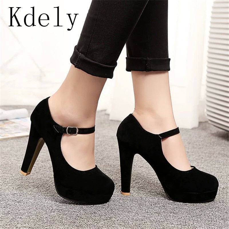 2020 Sexy Mary Janes Women OL high heels Black Flock Pumps Female winter Autumn Round Single Shoes