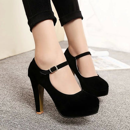 2020 Sexy Mary Janes Women OL high heels Black Flock Pumps Female winter Autumn Round Single Shoes