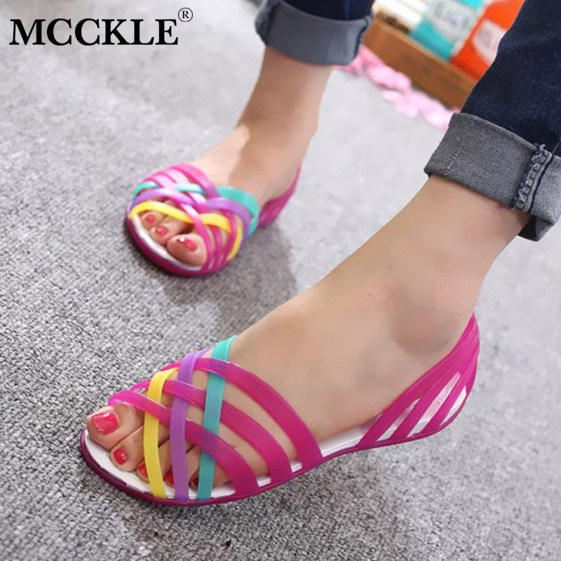 MCCKLE Women Jelly Shoes Rainbow Summer Sandals Female Flat Shoes Ladies Slip On Woman Candy Color Peep Toe Women's Beach Shoes