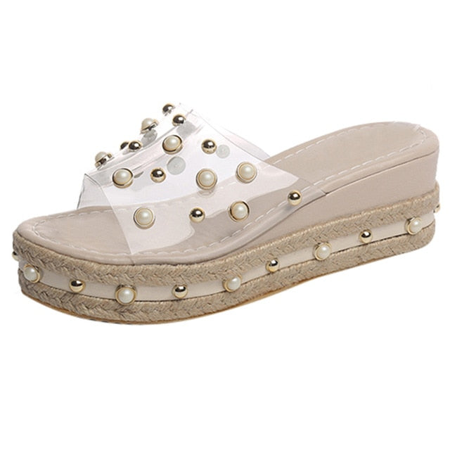 Fashion Jelly Sandals Summer Candy Slippers Woman Shoes Flats Ladies  Womens Zapatos Mujer Slip On Pearl Beach Wedges Jelly Shoe
