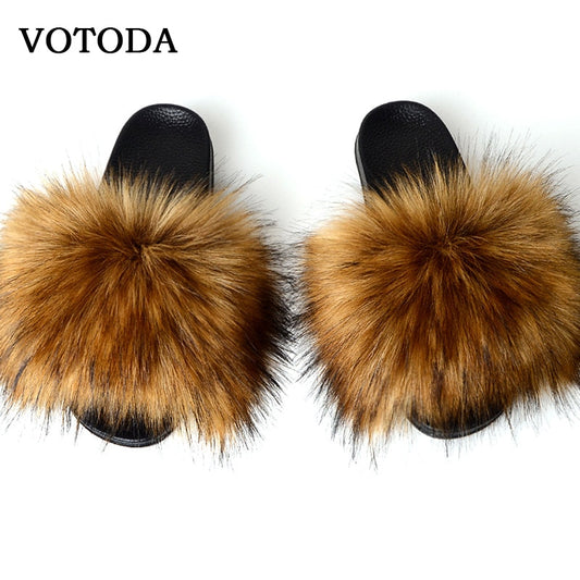 New Fluffy Faux Fur Slides Women Fur Slippers Furry Raccoon Sandals Fake Fox Fur Flip Flops Home Fuzzy Woman Casual Plush Shoes