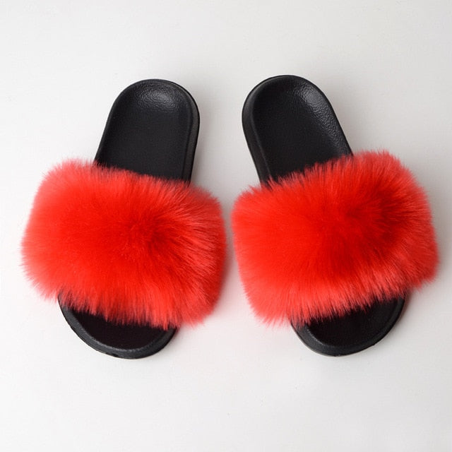 New Fluffy Faux Fur Slides Women Fur Slippers Furry Raccoon Sandals Fake Fox Fur Flip Flops Home Fuzzy Woman Casual Plush Shoes