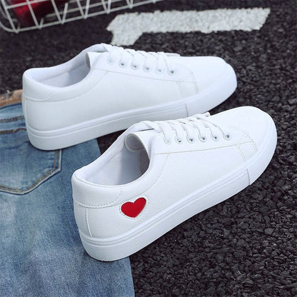 2019 autumn woman shoes pu leather ladies breathable cute heart flats casual shoes white sneakers