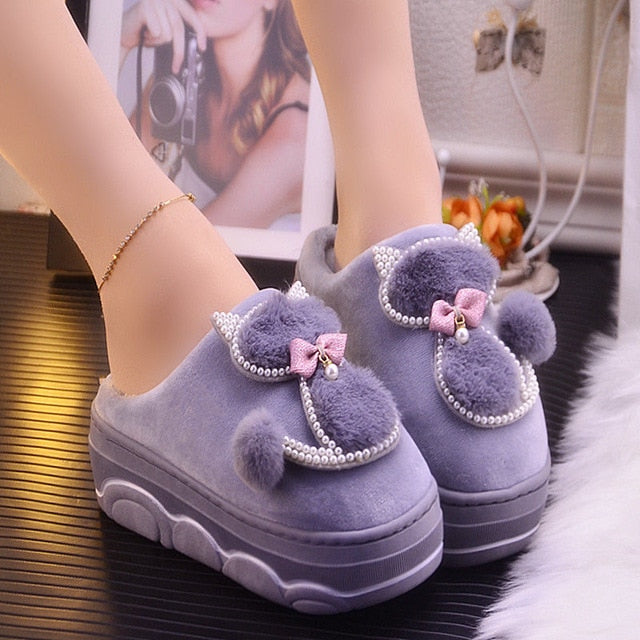 Platform ladies sexy slippers rhinestone warm slippers for women indoor house slippers cat bear girls winter shoes 2019