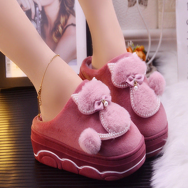 Platform ladies sexy slippers rhinestone warm slippers for women indoor house slippers cat bear girls winter shoes 2019