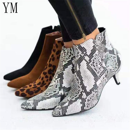 Hot Women's Ankle Boots Snake Leopard Pointed Toe Ladies Chunky Thin High heel Side zipper Female Shoes Woman Footwear Plus35-43