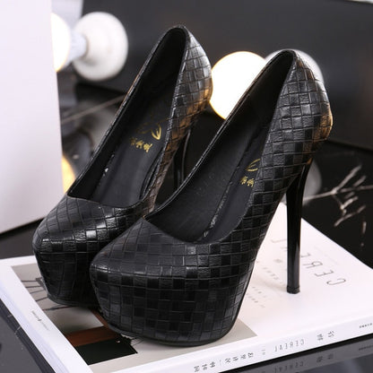 pumps women shoes black Woven lattice platform high heels shoes woman high heel pu leather shoes women