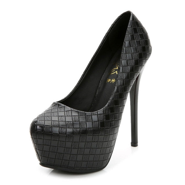 pumps women shoes black Woven lattice platform high heels shoes woman high heel pu leather shoes women