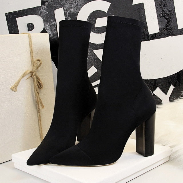Mid-Calf Boots 2020 New Stretch Sock Boots Chunky Block heels High Heels Fetish Sexy High-Heeled boots Silk Shoes Women Boots 40
