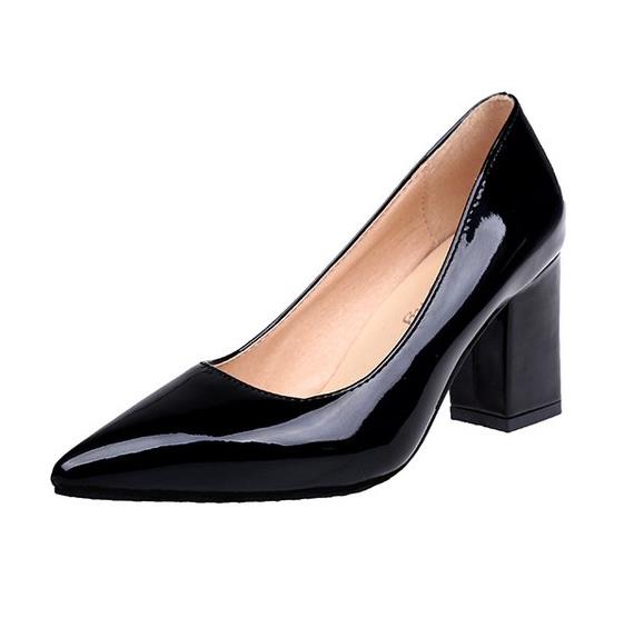 2020 Women Pumps Black High heels Lady Patent leather Thick Single pointed Shoes