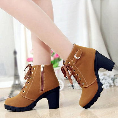 Boots Women Shoes Women Fashion High Heel Lace Up Ankle Boots Ladies Buckle Platform Artificial Leather Shoes bota feminina 2019