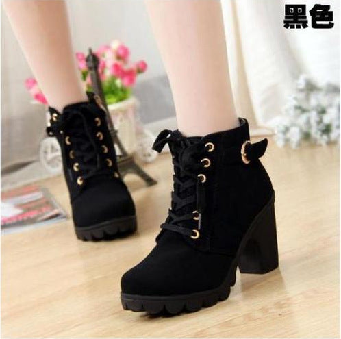 Boots Women Shoes Women Fashion High Heel Lace Up Ankle Boots Ladies Buckle Platform Artificial Leather Shoes bota feminina 2019