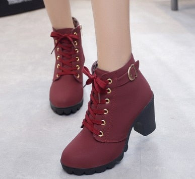 Boots Women Shoes Women Fashion High Heel Lace Up Ankle Boots Ladies Buckle Platform Artificial Leather Shoes bota feminina 2019