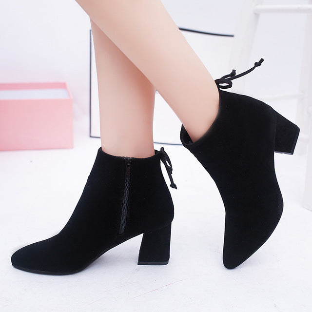 Women Ankle Boots 2020 Black Flock Winter Fashion Med High Heel Boots for Ladies Pointed Toe Plus Size Women Shoes