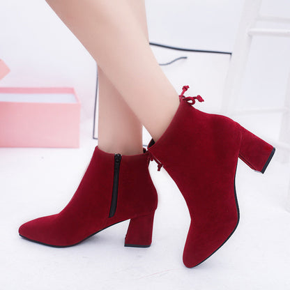 Women Ankle Boots 2020 Black Flock Winter Fashion Med High Heel Boots for Ladies Pointed Toe Plus Size Women Shoes