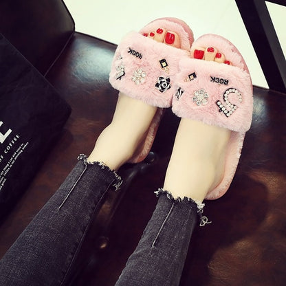 2019 Winter Women house Slippers Home Shoes  Faux Fur Fashion Warm Shoes Woman Slip on Flats  indoor slippers