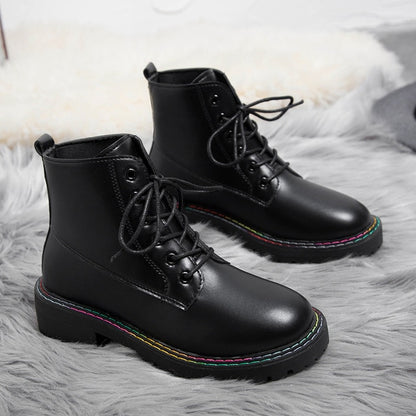 Ankle Boots For Women Shoes Woman Lace Up Platform Black Patent Leather Winter Warm Plush Women Boots Street Shoes