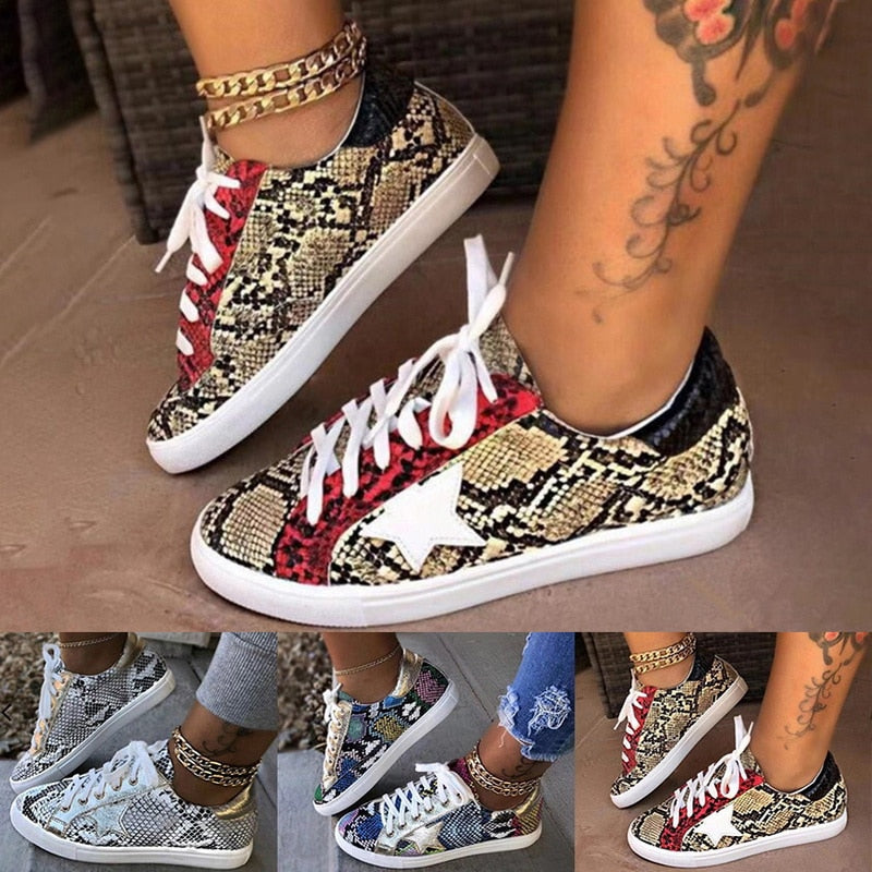 PU Leather Flat with Snake Pattern Shoes Women Lace-up Fashion Printed Female Sneakers New Leisure Women Sneaker Footwear 2020