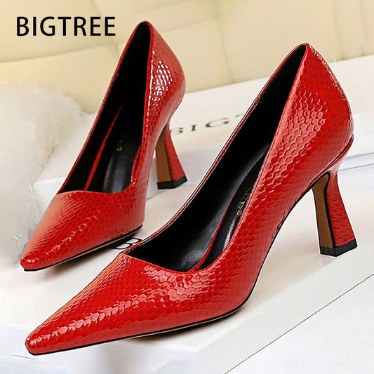 Bigtree Shoes Sexy Kitten Heels Snake Women Pumps Spring Women Shoes High Heels Pointed Party Shoes Red Lady Shoes Plus Size 43
