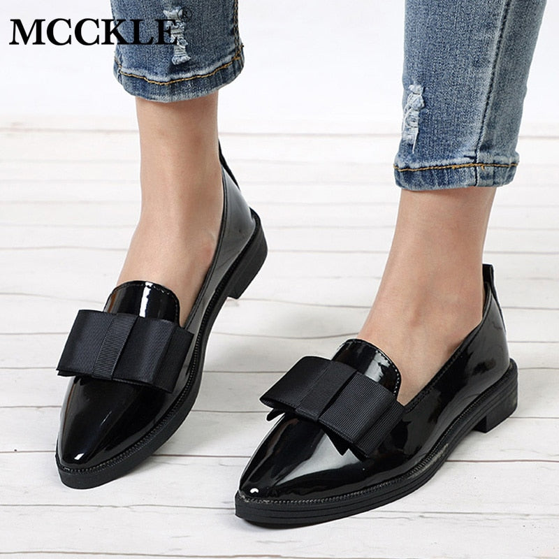 MCCKLE Spring Flats Women Shoes Bowtie Loafers Patent Leather Women's Low Heels Slip On Footwear Female Pointed Toe Thick Heel