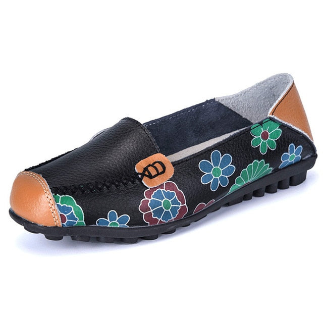 2020 Fashion Women Flats Genuine Leather Shoes Women Slip On Ballet Flats Print Shoes Moccasins Loafers Shoes Flower