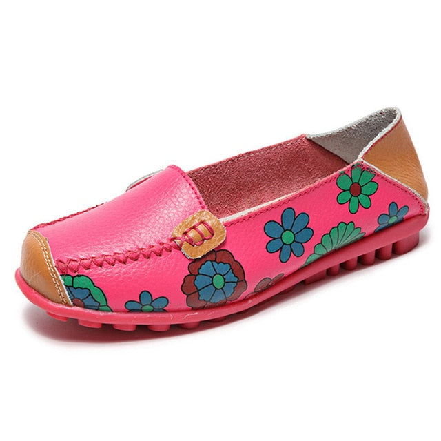 2020 Fashion Women Flats Genuine Leather Shoes Women Slip On Ballet Flats Print Shoes Moccasins Loafers Shoes Flower