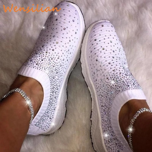 Women White Glitter Sock Sneakers Fashion Bling Casual Vulcanized Flat Shoes Trainers Female Loafers Tenis Feminino Basket Femme