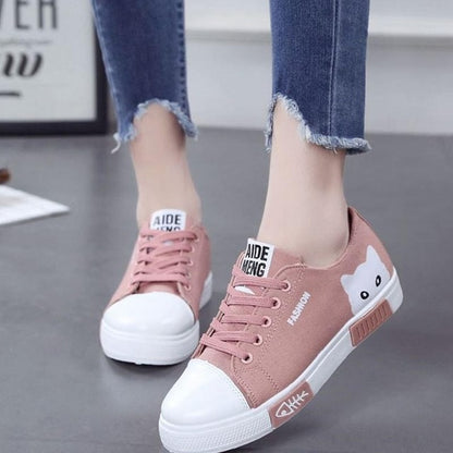 Women Flat Cartoon Canvas Shoes 2018 New Summer White Lace Up Student Board Shoes Ladies Casual Shoes Female Sneakers