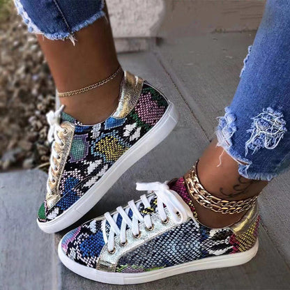 Size 38-43 Women Serpentine Prints PU Leather Vulcanized Shoes Lace up Female Sneakers Fashion Casual Platform Woman Flat Shoes