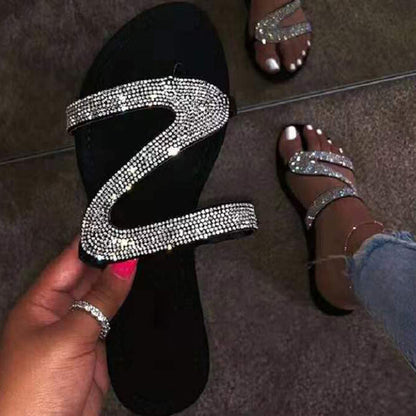 Women Summer Flat Slippers Rhinestone Shoes Open Toe Black Non-slip Slides Roman Beach Sandals ladies Sexy Flip Flops