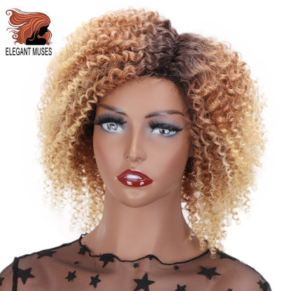 ELEGANT MUSES Short Afro Kinky Curly Hair Wig Synthetic 8 inch Ombre Curly Hair For Women
